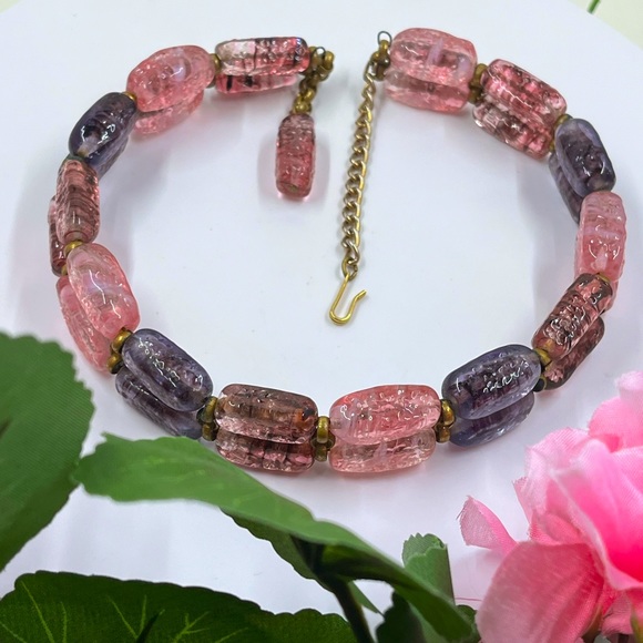 Pink and Purple Double Strand Vintage Choker Style Necklace - Picture 2 of 7